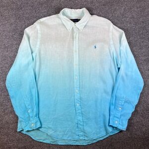 Polo Ralph Lauren Shirt Mens 2XL Blue White 100% Linen Dip Tie Dye Long Sleeve